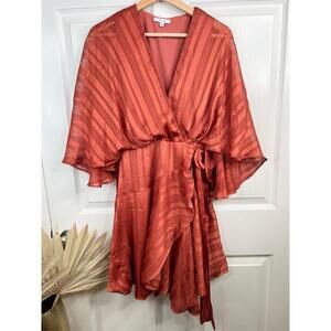 BTFL-life Vonda Stripe Dress Size S Rust Terracotta Belted Ruffle V Neck